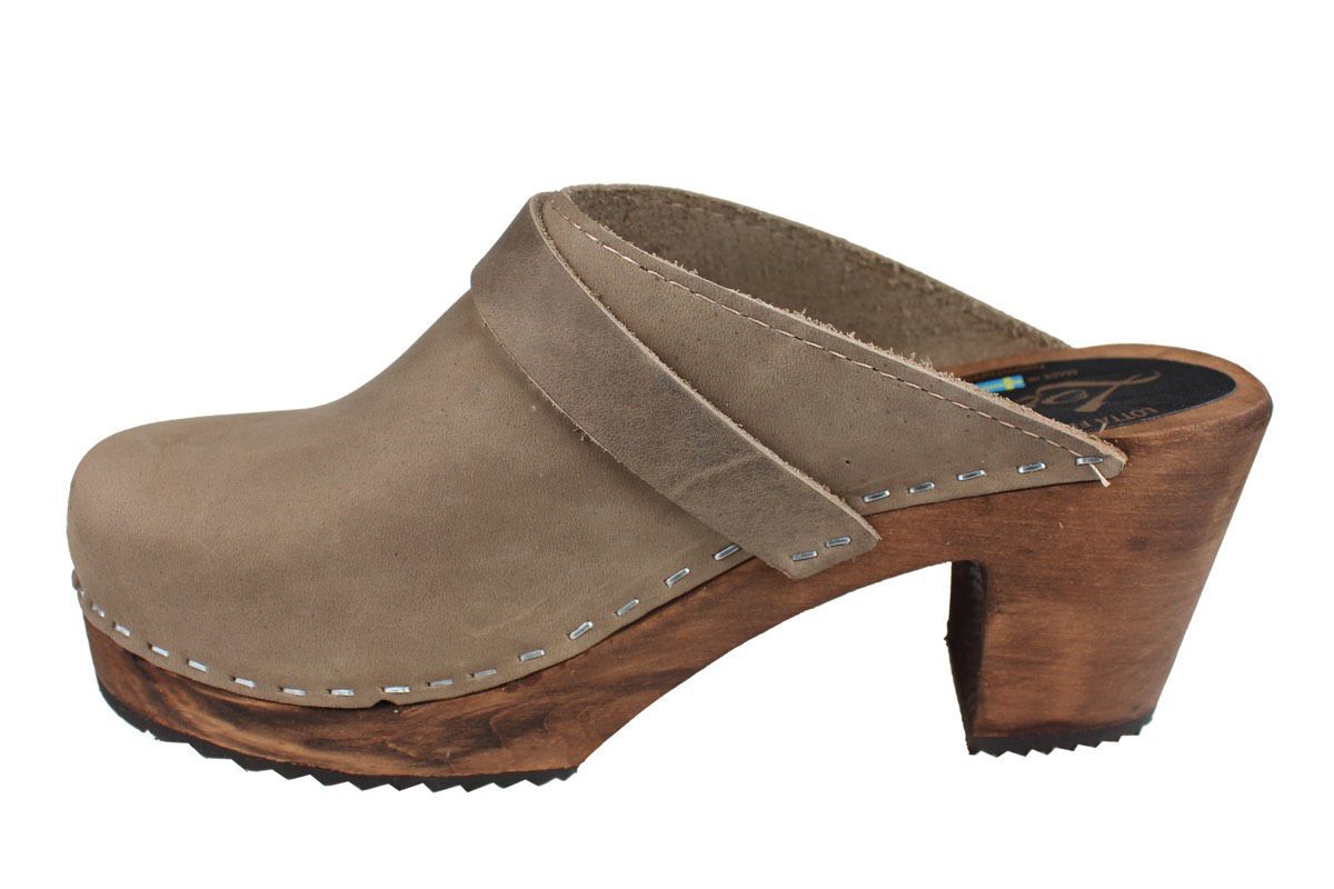 High Heel Classic Clog in Taupe Oiled Nubuck on Brown Base with Strap