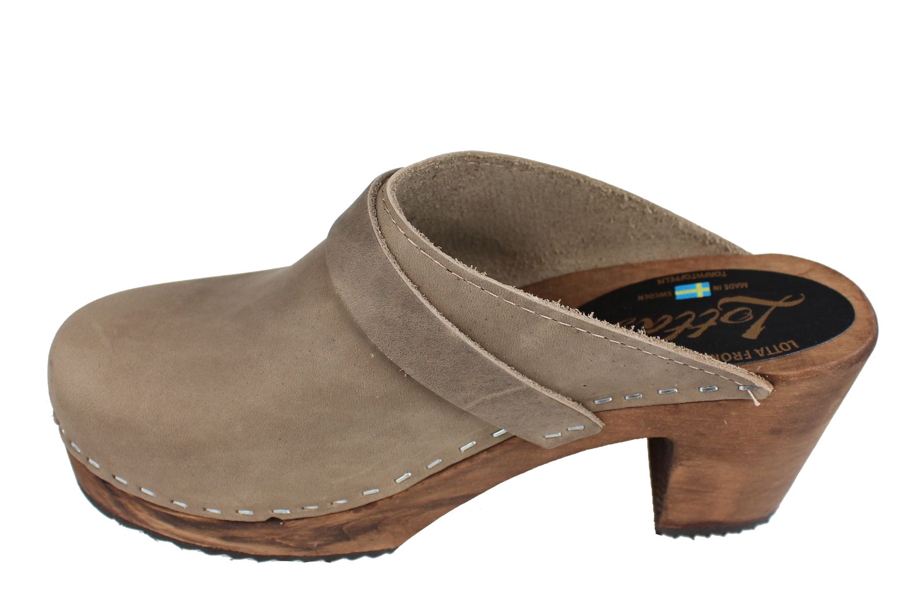  High Heel Classic Clog in Taupe Oiled Nubuck on Brown Base with Strap Seconds