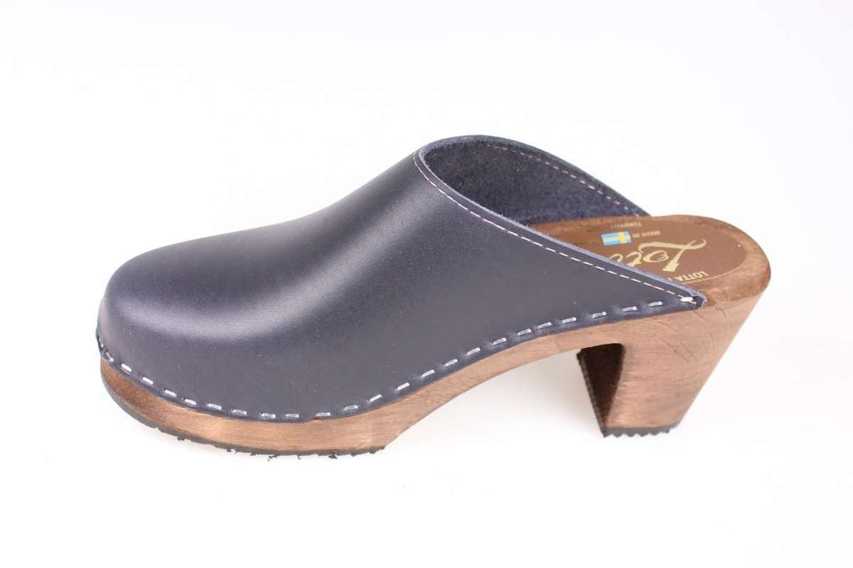 High Heel Classic Clog in Dark Blue with Brown Base