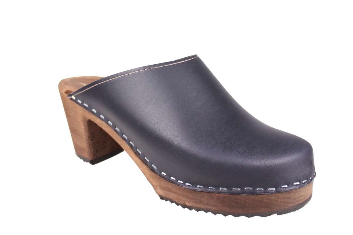 High Heel Classic Clog in Dark Blue with Brown Base
