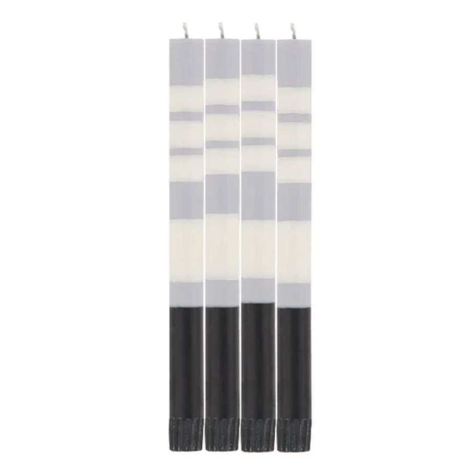  Striped Jet Black, Pearl White & Dove Grey Eco Dinner Candles, 4 Per Pack