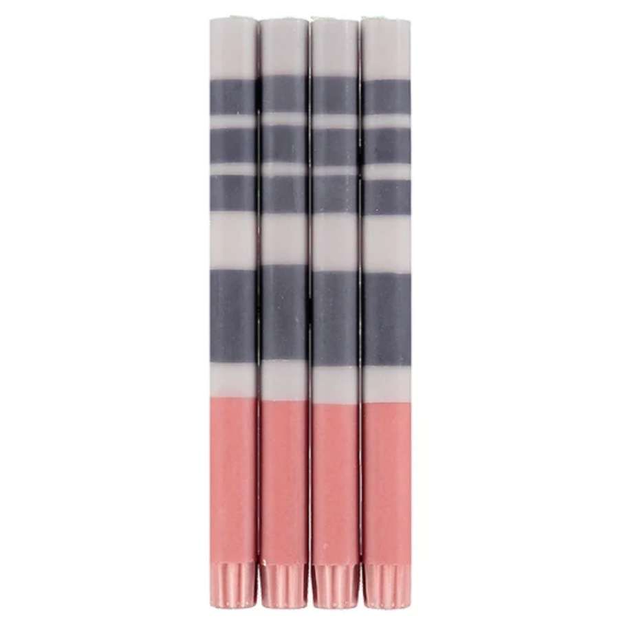 British Colour Standard  Striped Gull, Gunmetal Grey & Old Rose Eco Dinner Candles, 4 Per Pack