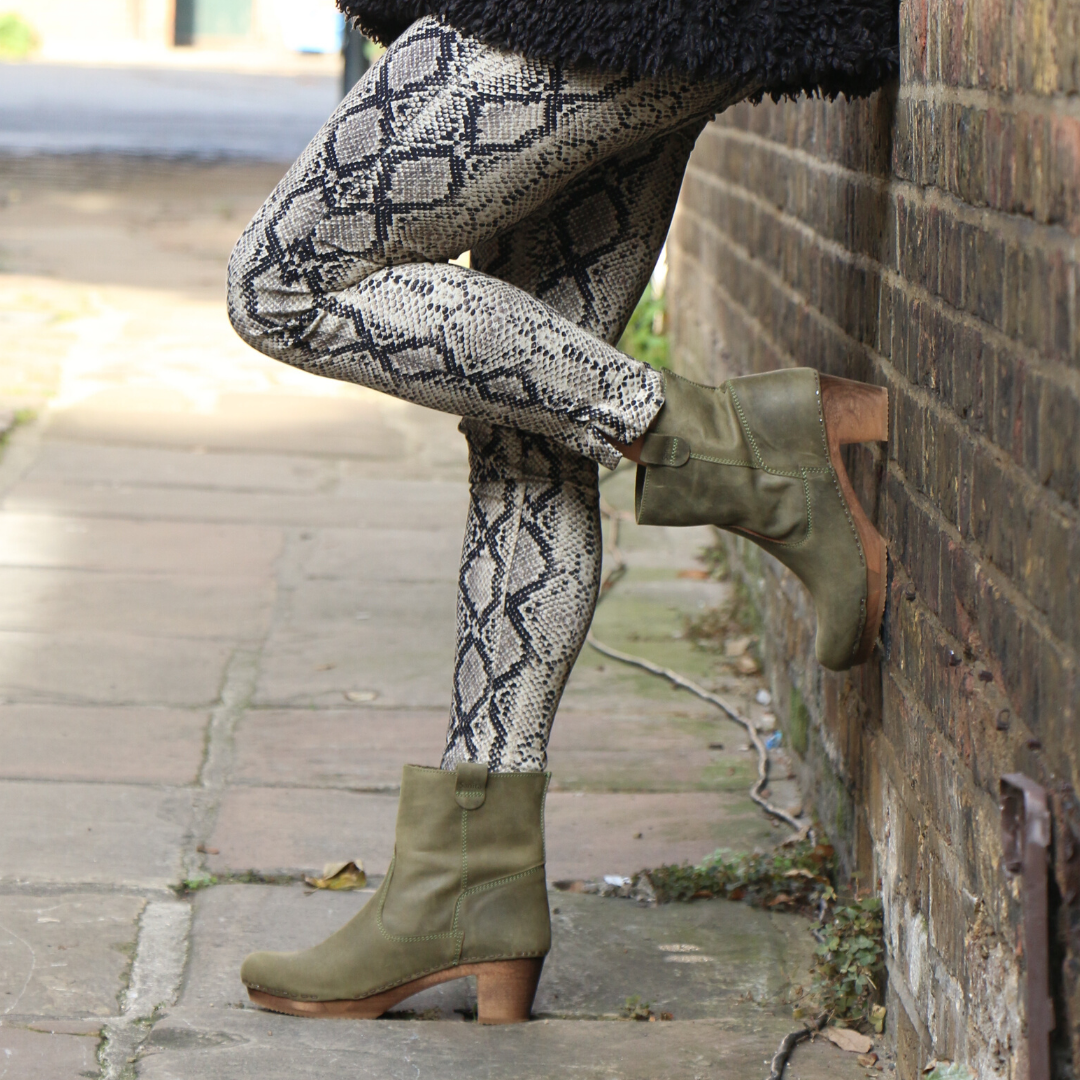 Sanita Juna Wooden Clog Boot in Embossed Leather Moss Green