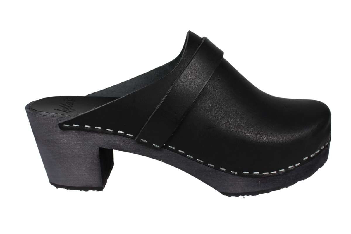 Elsa High Heel Classic Clogs Black Leather with Black Base