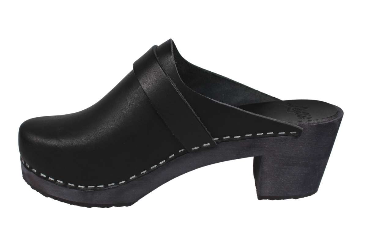 Elsa High Heel Classic Clog Black Leather with Black Base