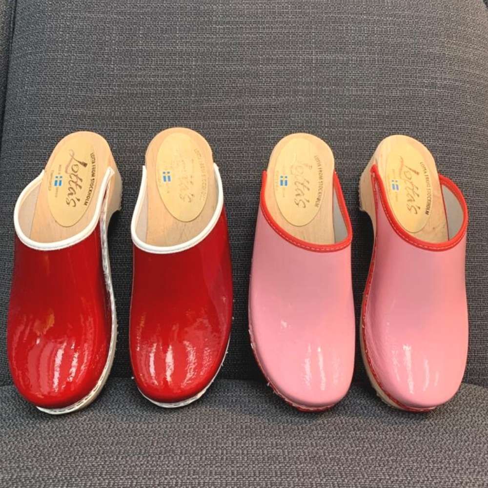 Patent Red and pink women's Clogs with a natural wooden base by Lotta from Stockholm