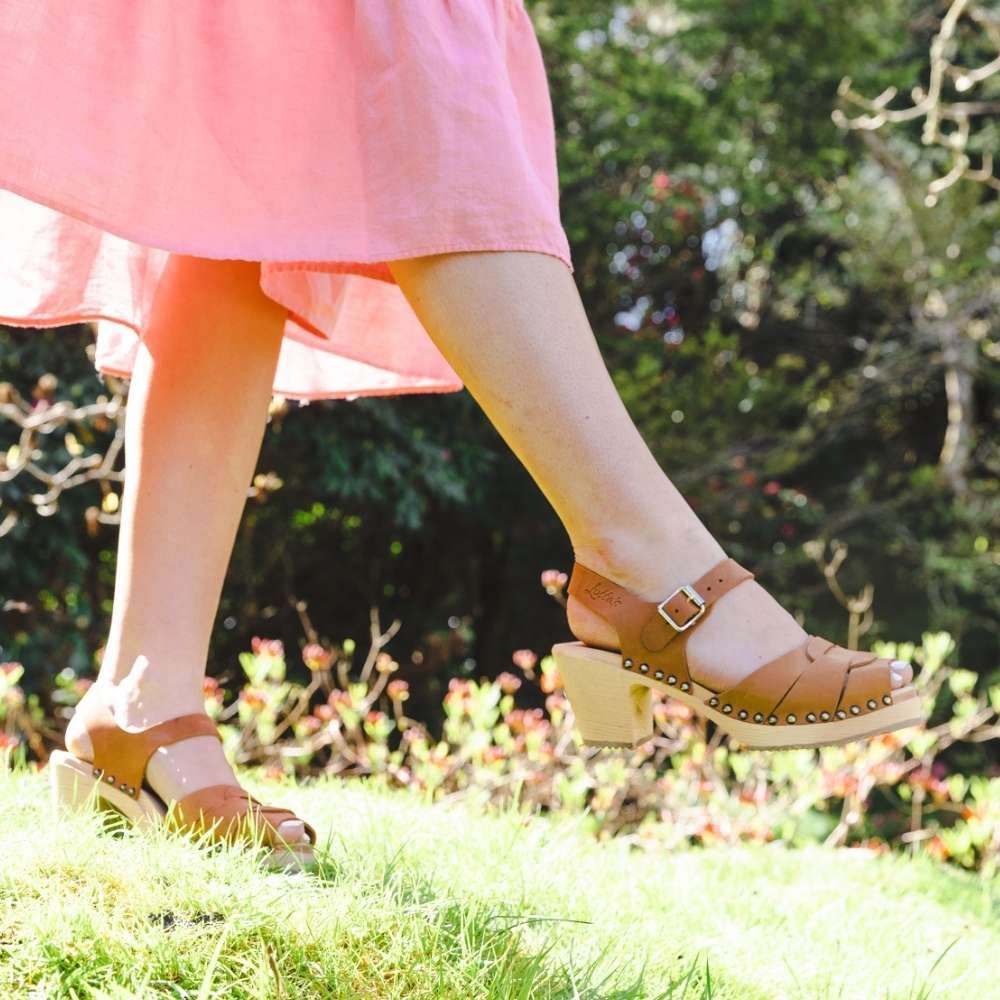 Peep Toe Stud Clogs Brown Oiled Nubuck Leather