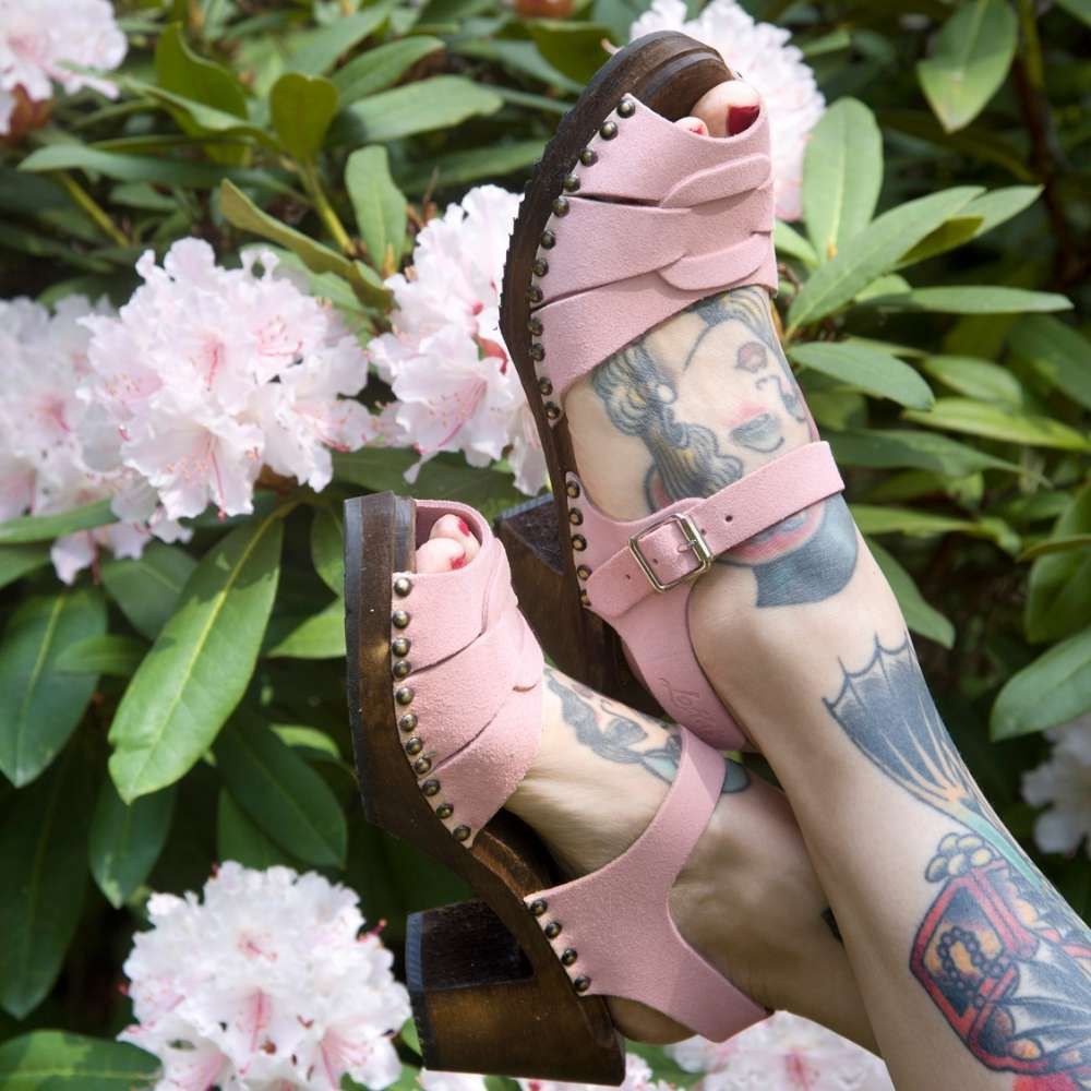 Peep Toe Stud Clogs Dusty Pink Suede on Brown Base Seconds