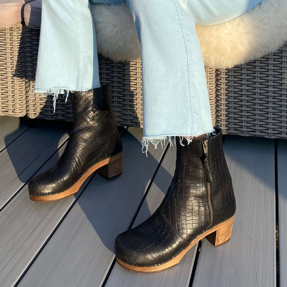 Womens black winter boots womens zip up winter boots Emma Clog Boots in Black Croco Leather with wooden clogs base. Side view with zip closure by Lotta from Stockholm