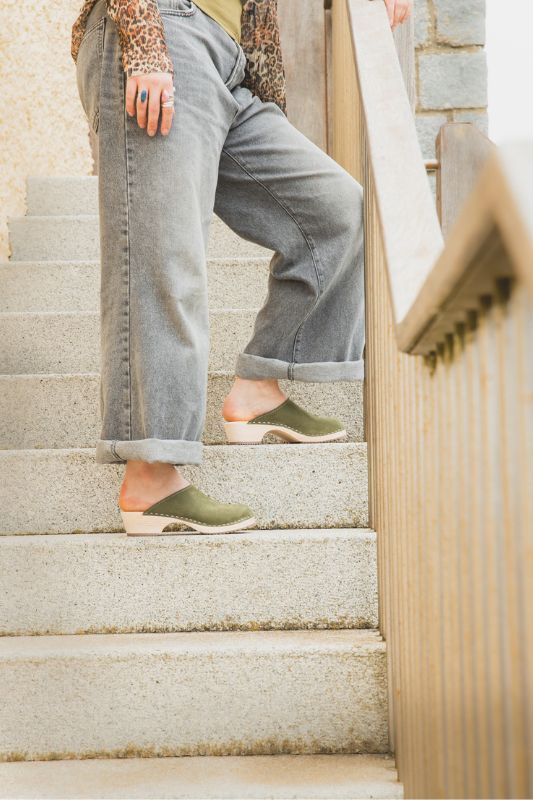 Womens clogs mules in Green oiled nubuck Leather by Lotta from Stockholm