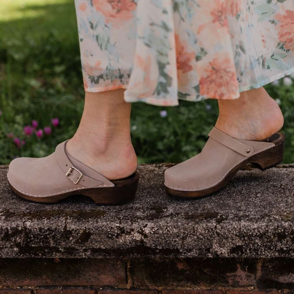 Classic Oatmeal Oiled Nubuck Clogs with Strap on Brown Base