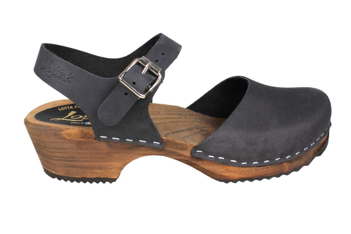 Women's clogs in black oiled nubuck leather, low wood by Lotta from Stockholm