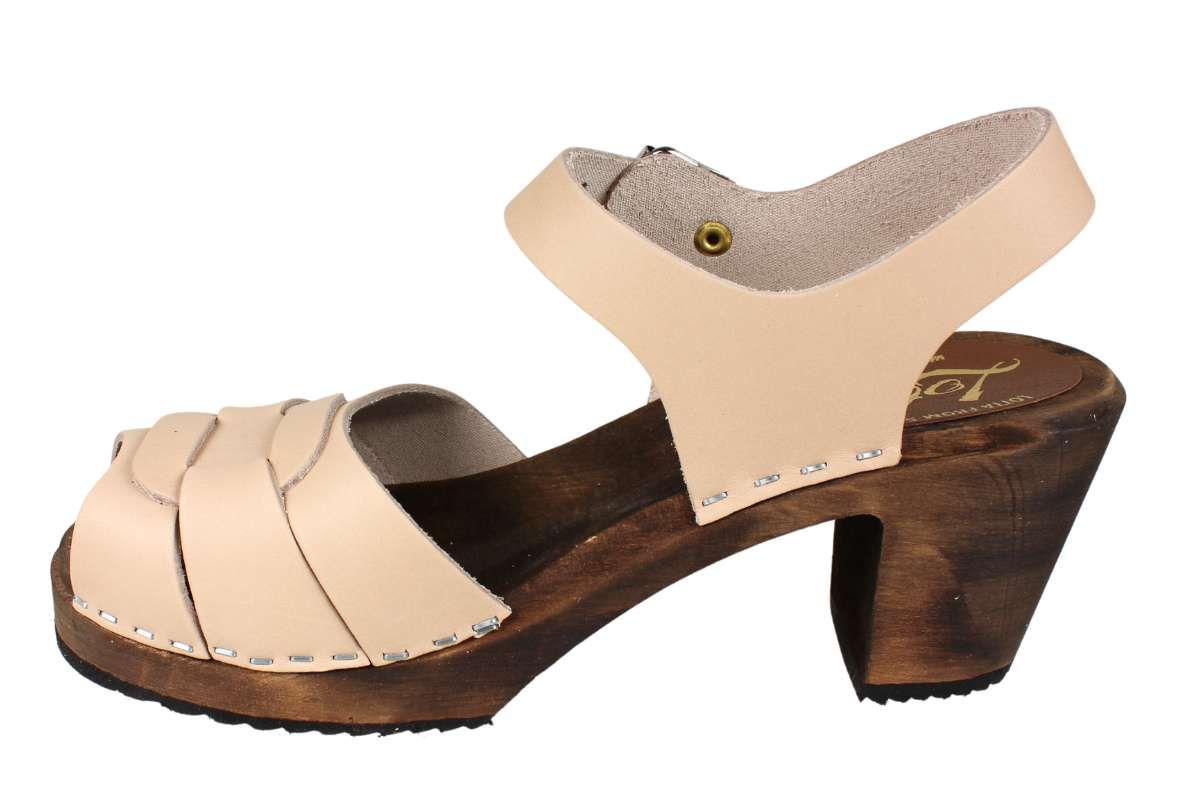 womens clogs shoes high heels in Palomino leather on a brown clogs wooden base peep toes by Lotta from Stockholm