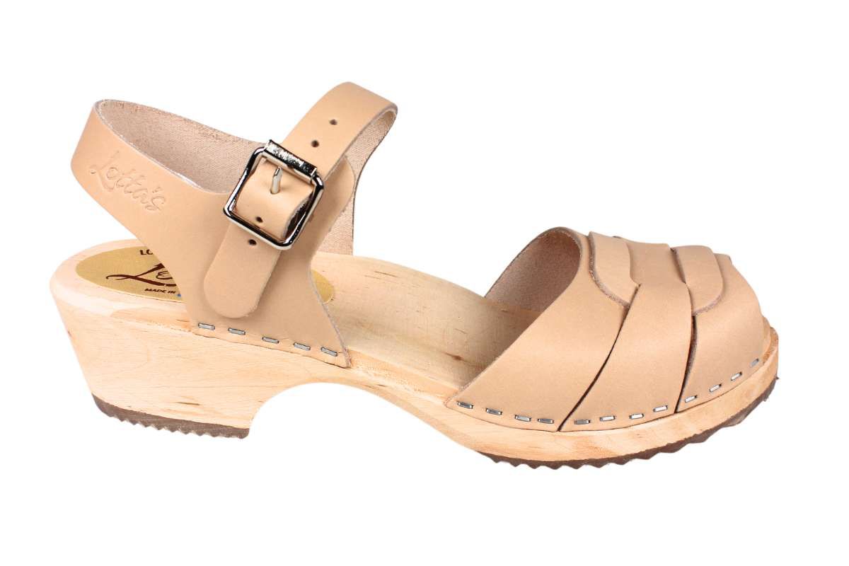 womens clogs shoes low peep toes in Palomino leather on natural wooden clogs base by Lotta from Stockholm