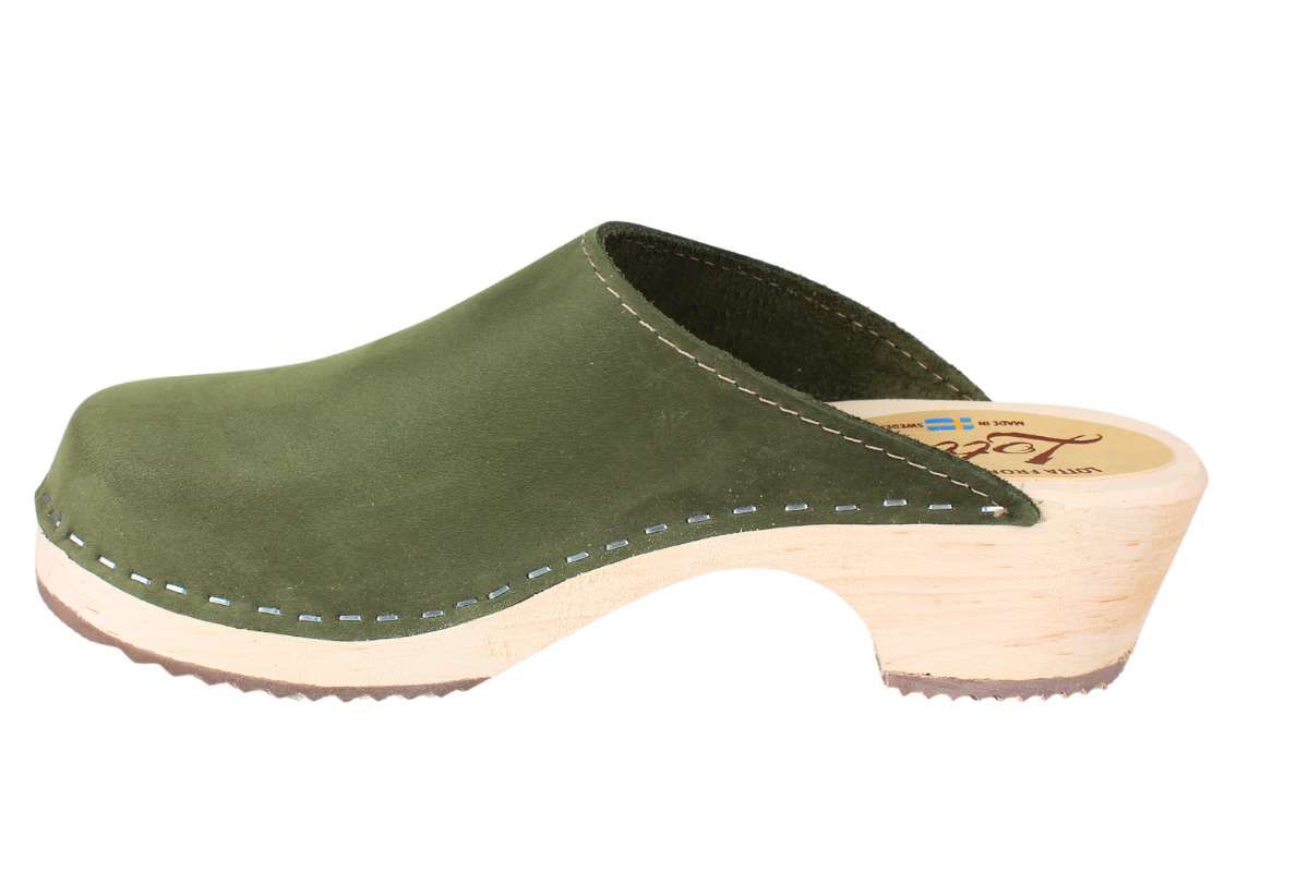Womens clogs mules in Green oiled nubuck Leather by Lotta from Stockholm
