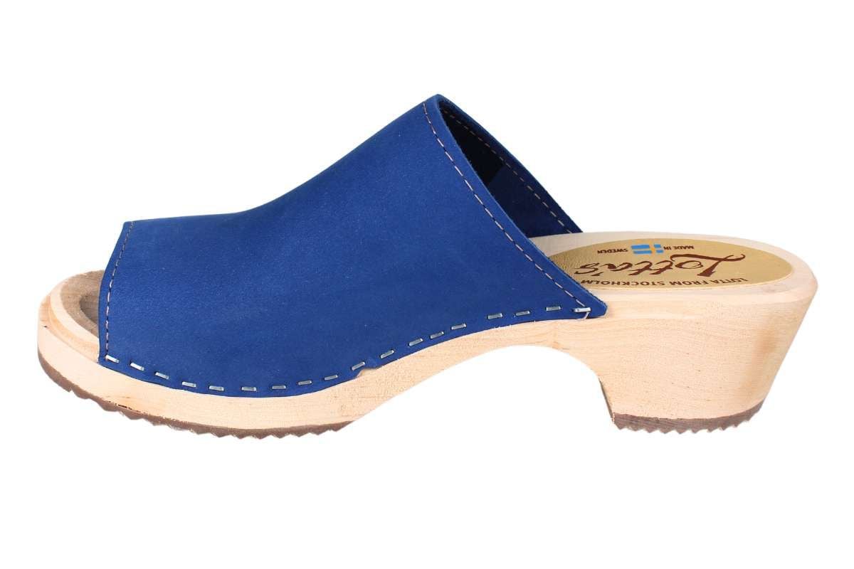 Womens mules clogs in Lazuli blue oiled nubuck leather with a natural wooden clogs base by Lotta from Stockholm