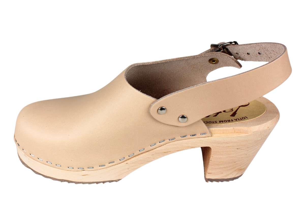 Womens slingbacks high heels clogs in Palomino Leather on a natural wooden clogs base by Lotta from Stockholm