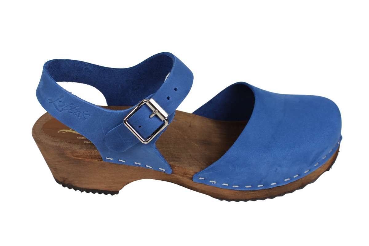 clogs shoes wooden clogs for women in lazuli blue with brown clogs base and low heel by Lotta from Stockholm