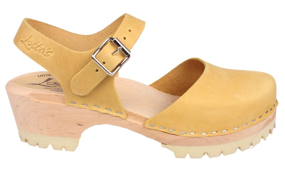 Yellow Oiled Nubuck Women's clogs with a wooden base and tractor sole by Lotta from Stockholm